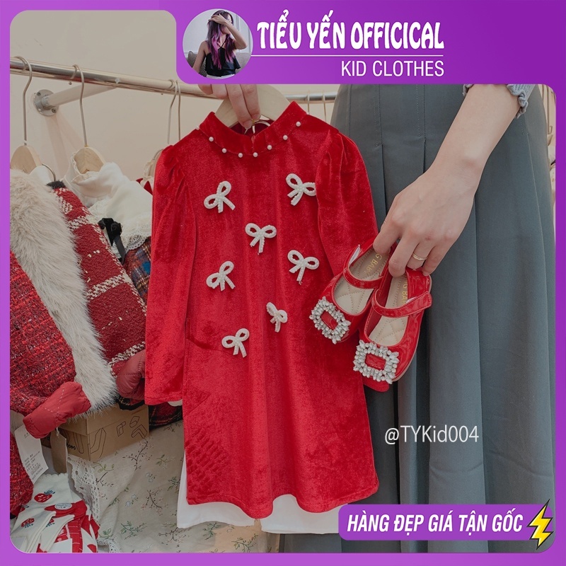 Quần áo trẻ em, Áo dài Tết bé gái, màu nhung đỏ đính nơ ngọc trai cho bé từ 8-27kg AD004 | Tiểu Yến KID