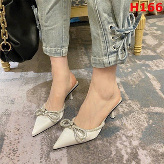 Giày Sục Nơ tiểu thư viền cổ dây đá gót cao 9cm mũi nhọn