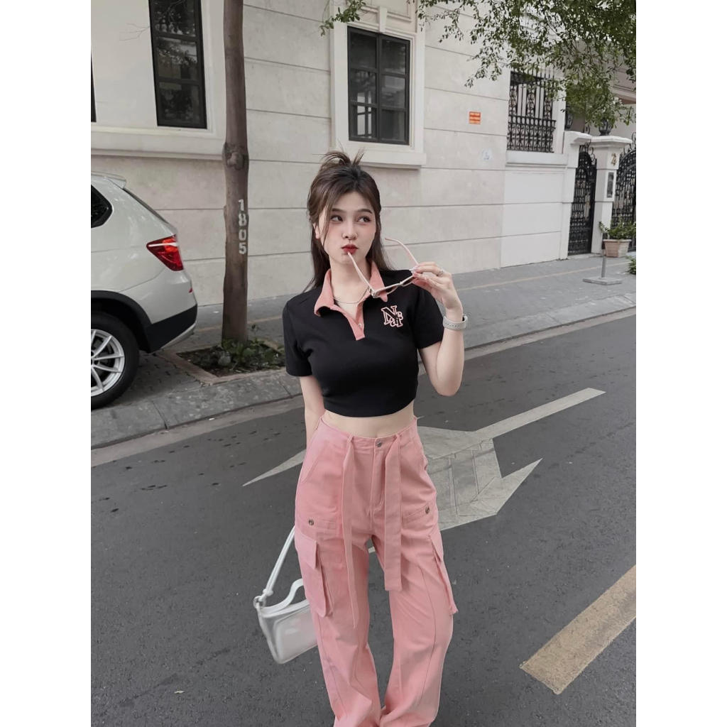 Set bộ đồ nữ áo croptop phối dây lưng eo phối quần suông rộng siêu xinh với 2 tone màu mix siêu hot hit
