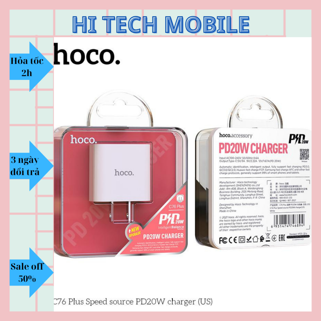 Củ Sạc Nhanh Hoco C76/C76A - Cốc Sạc Nhanh Siêu Bền Sạc Siêu Tốc QC 3.0 & PD 20W - Bảo Hành Chính Hãng 06T