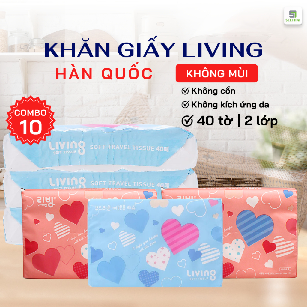 COMBO 10 khăn giấy khô Hàn Quốc LIVING SOFT - khăn giấy bỏ túi 40 tờ - Living soft tissue Korea