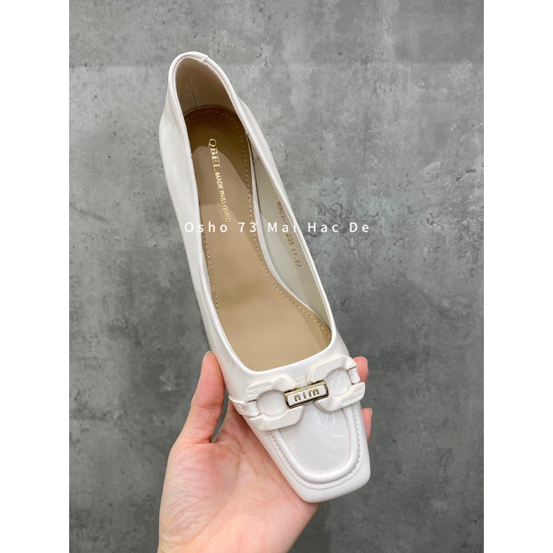 Giày cao gót mũi vuông nơ khóa OSHO, chất da bóng mềm cao cấp, êm chân