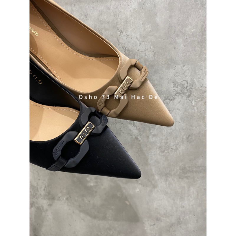 Giày cao gót mũi nhọn nơ khóa OSHO, chất da lì cao cấp, êm chân