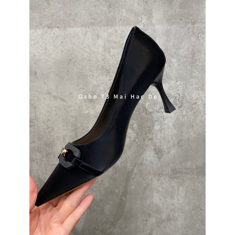 Giày cao gót mũi nhọn nơ khóa OSHO, chất da lì cao cấp, êm chân