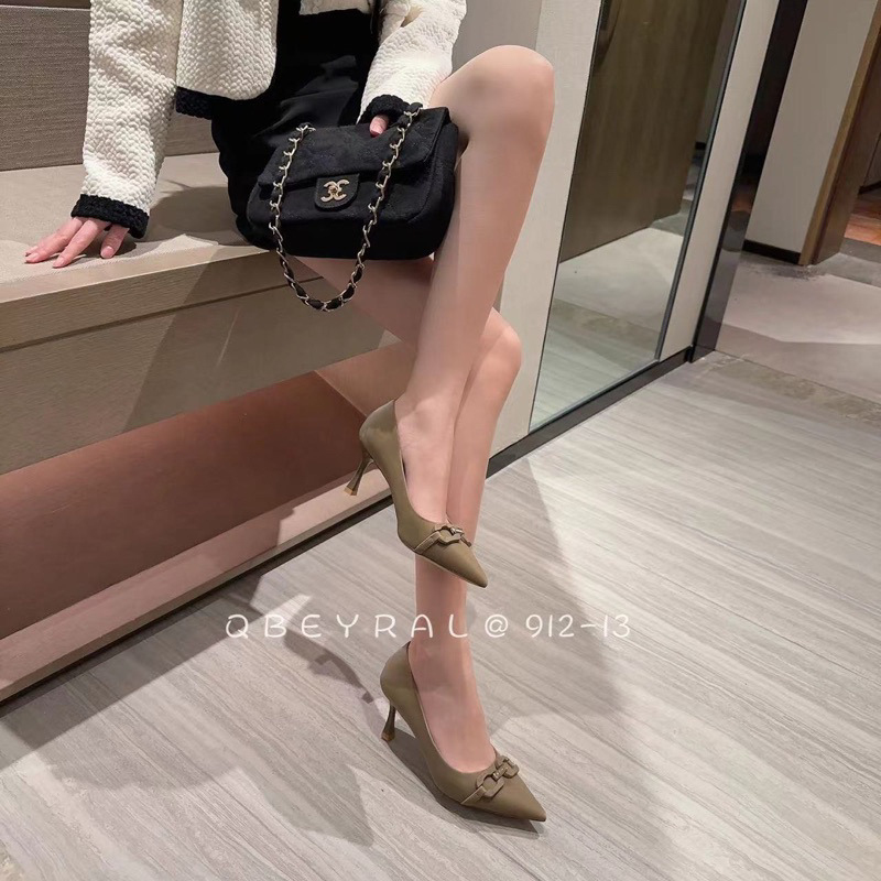 Giày cao gót mũi nhọn nơ khóa OSHO, chất da lì cao cấp, êm chân