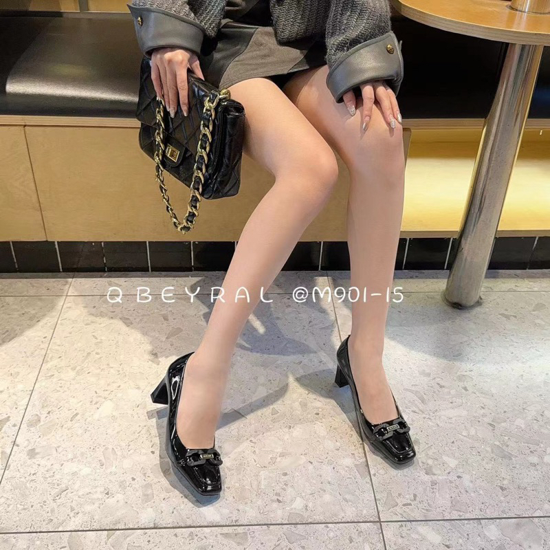 Giày cao gót mũi vuông nơ khóa OSHO, chất da bóng mềm cao cấp, êm chân