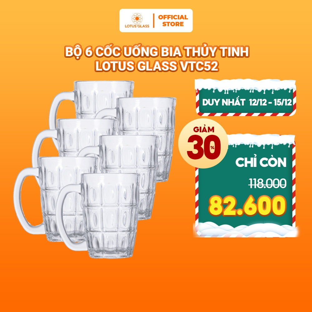 Bộ 6 cốc uống bia thủy tinh LOTUS GLASS VTC52 trong suốt có quai cao cấp, an toàn