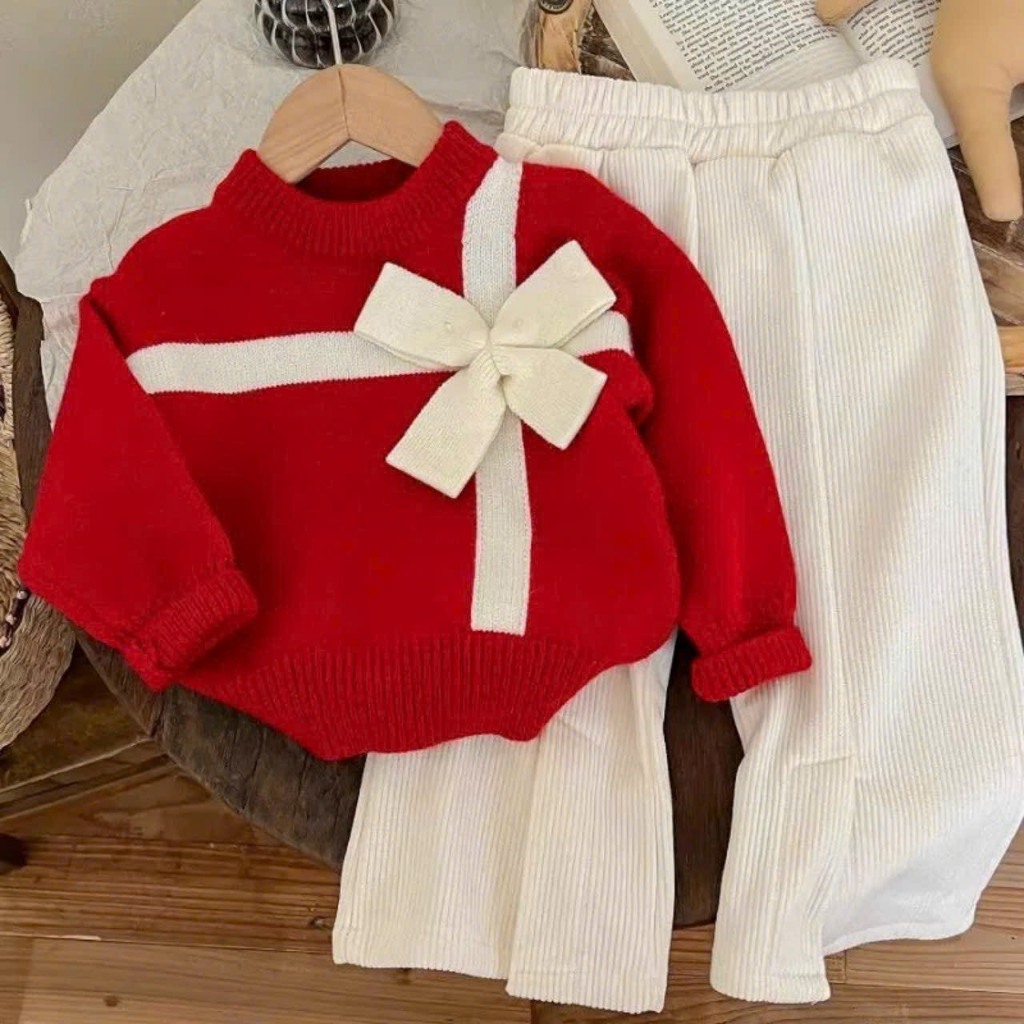 Bộ áo nơ trắng đỏ kèm quần loe cho bé gái