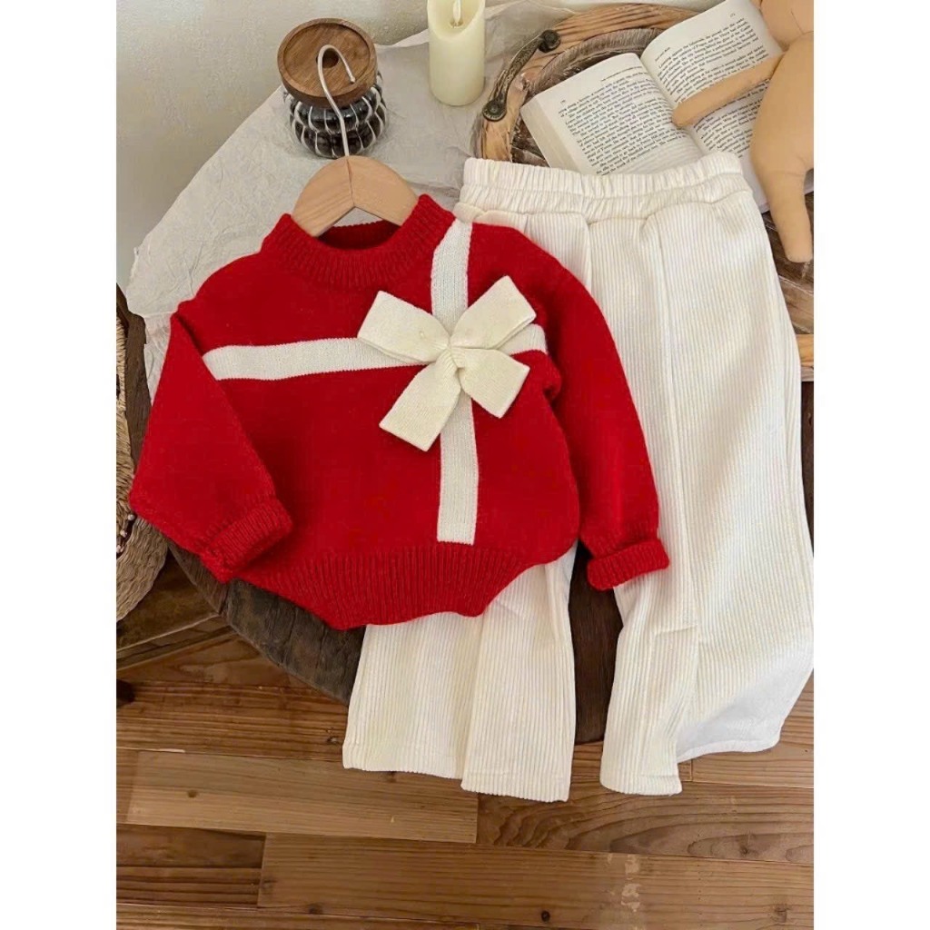 Bộ áo nơ trắng đỏ kèm quần loe cho bé gái