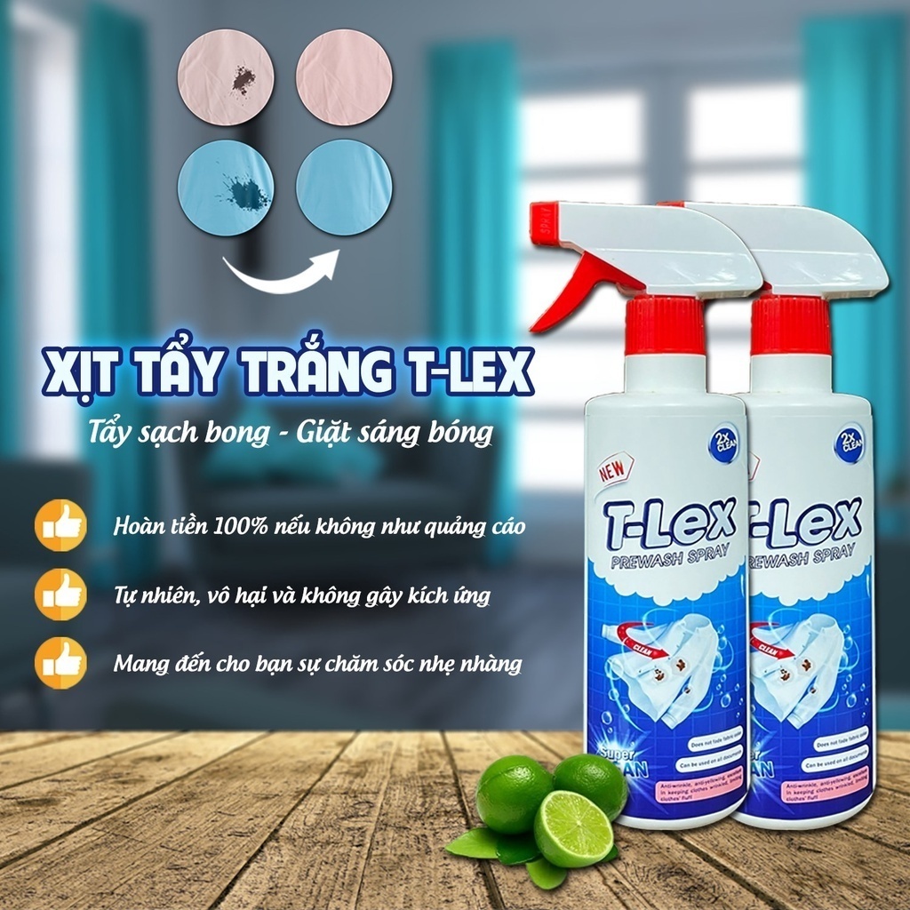 Xịt Tẩy Trắng Quần Áo T-LEX 500ml Tẩy Mốc Tẩy Ố Vàng Không Phải Màu Khử Mùi Hôi Dùng Mọi Loại Vải TNS House