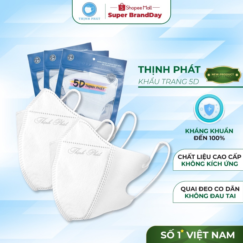 Gói khẩu trang y tế 10 chiếc 5D Thịnh Phát 3 lớp kháng khuẩn chống tia UV an toàn tiện lợi chính hãng