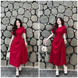 Váy đầm nữ midi dáng xòe nhún hông thiết kế tay ngắn thích hợp công sở hoặc đi dạo