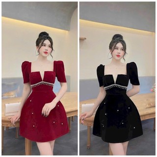 Váy đầm nữ dáng xòe dự tiệc cổ xẻ phối dây đá đính cườm sang chảnh