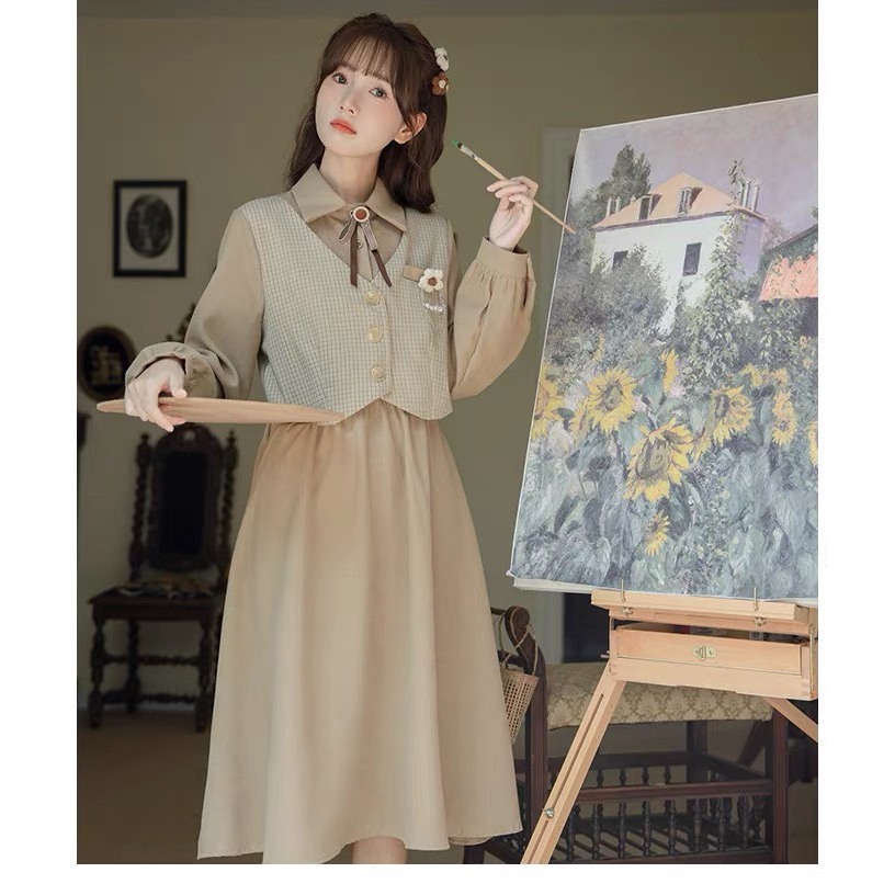Váy đầm nhung đỏ be đen phối kẻ đính hoa không kèm nơ cổ phong cách Hàn Quốc V04121