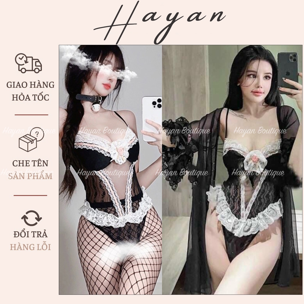 HT385 Set Jumsuit và áo choàng ren xuyên thấu, bộ ngủ phối viền hoa gợi cảm HT385 (176+255)