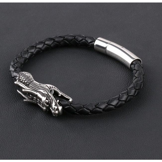 Vòng tay da nam nữ lắc tay da khóa nam châm khóa gài Merin màu đen phong cách cá tính  - Vòng tay da tổng hợp