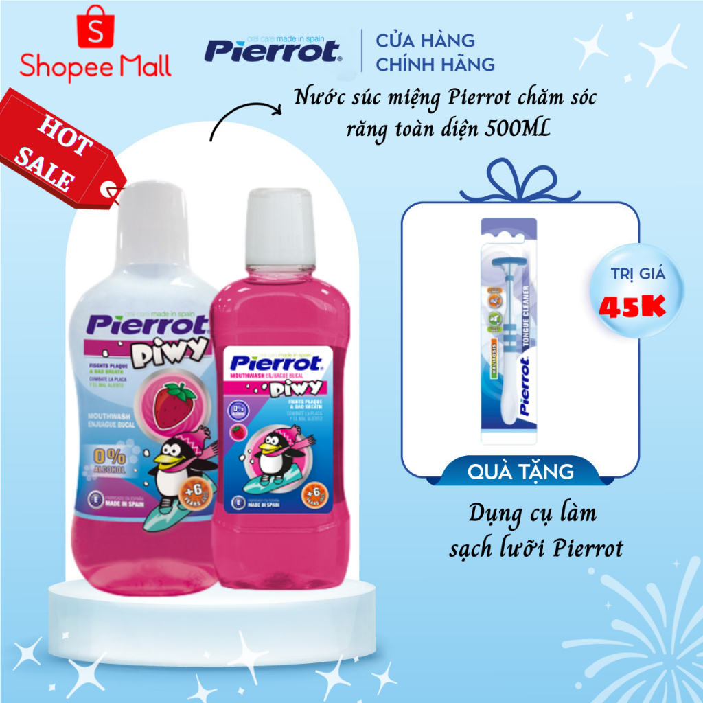 [Tặng cạo lưỡi] Nước súc miệng hương dâu tây cho trẻ em Pierrot 500ML