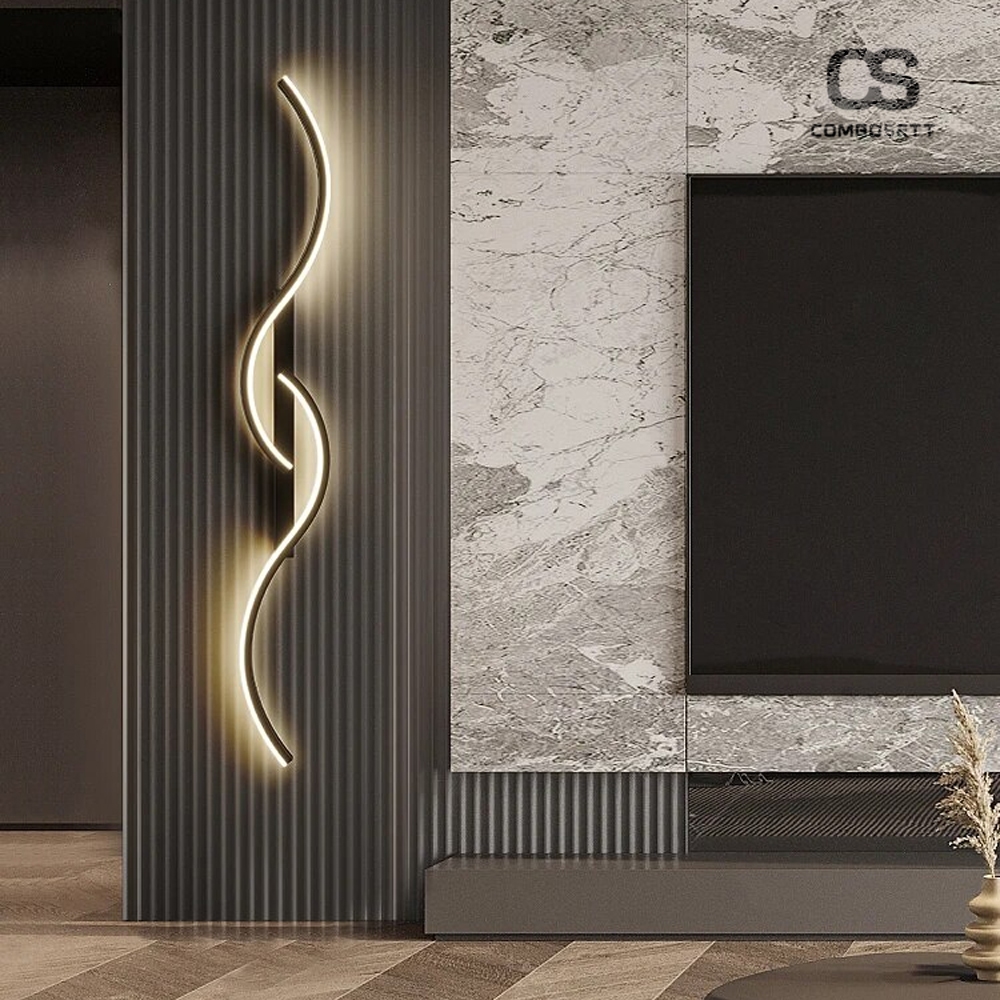 Đèn decor vách tivi, đèn tường cảm hứng đường tuyến tính toán học 2 màu chao đèn vàng đen uốn lượn decor trang trí