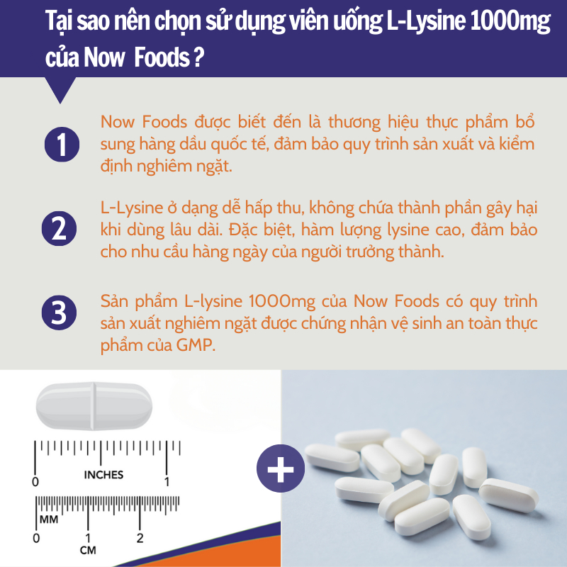 Now L- Lysine 500mg 100 viên của Mỹ hỗ trợ giảm mụn, bổ sung dinh dưỡng cho da, móng, tóc, tăng sinh collagen