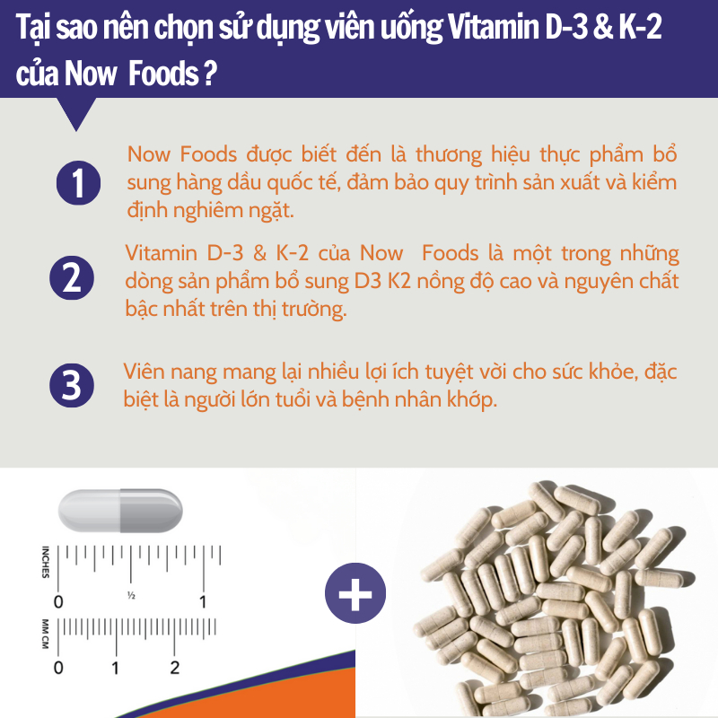 Viên uống bổ sung D3, K2 Now Vitamin D3 K2 1,000 IU 45 mcg 120 viên giúp chắc khỏe xương, tăng cường cơ bắp của Mỹ