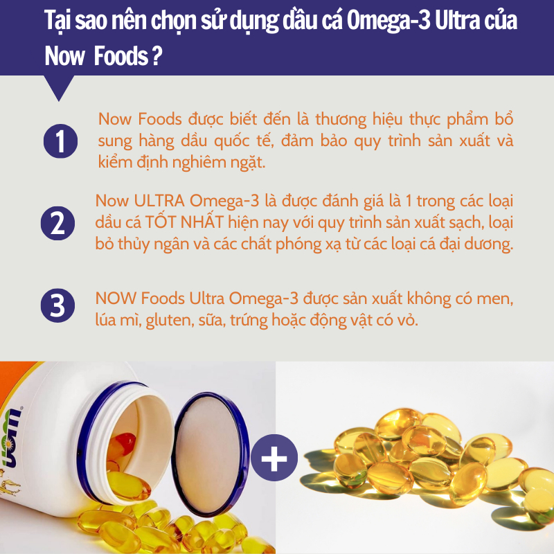 Viên uống dầu cá Now Ultra Omega-3 500 EPA/250 DHA 90 viên của Mỹ hỗ trợ sức khỏe tim mạch, thị lực, trí não và cơ bắp