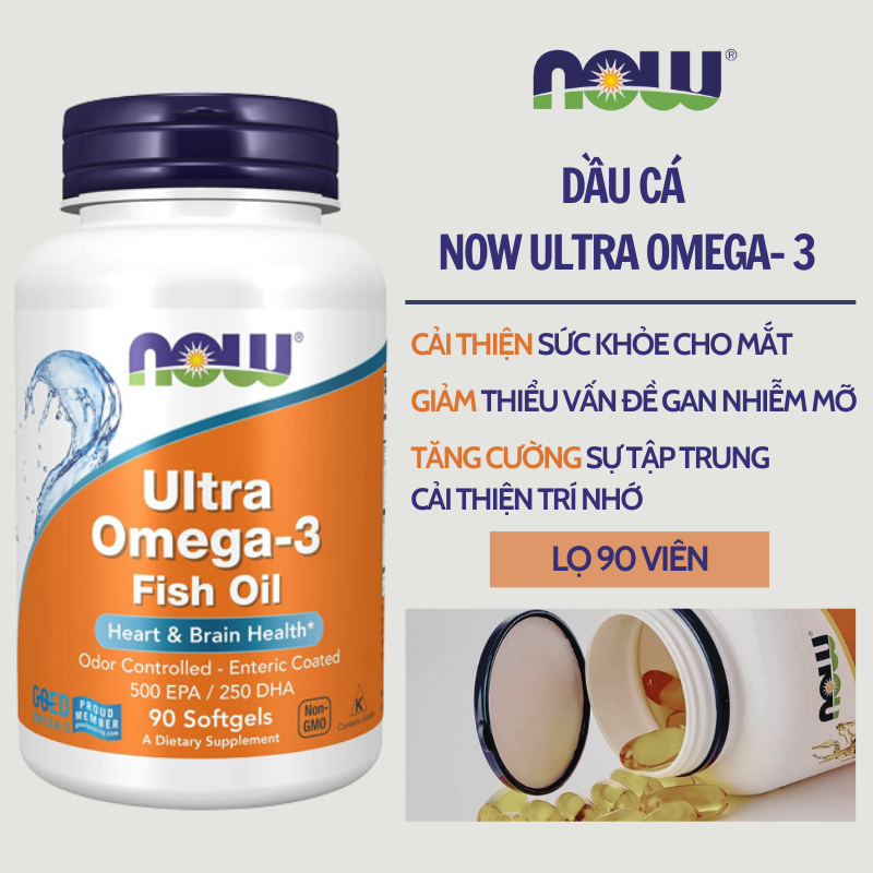 Viên uống dầu cá Now Ultra Omega-3 500 EPA/250 DHA 90 viên của Mỹ hỗ trợ sức khỏe tim mạch, thị lực, trí não và cơ bắp