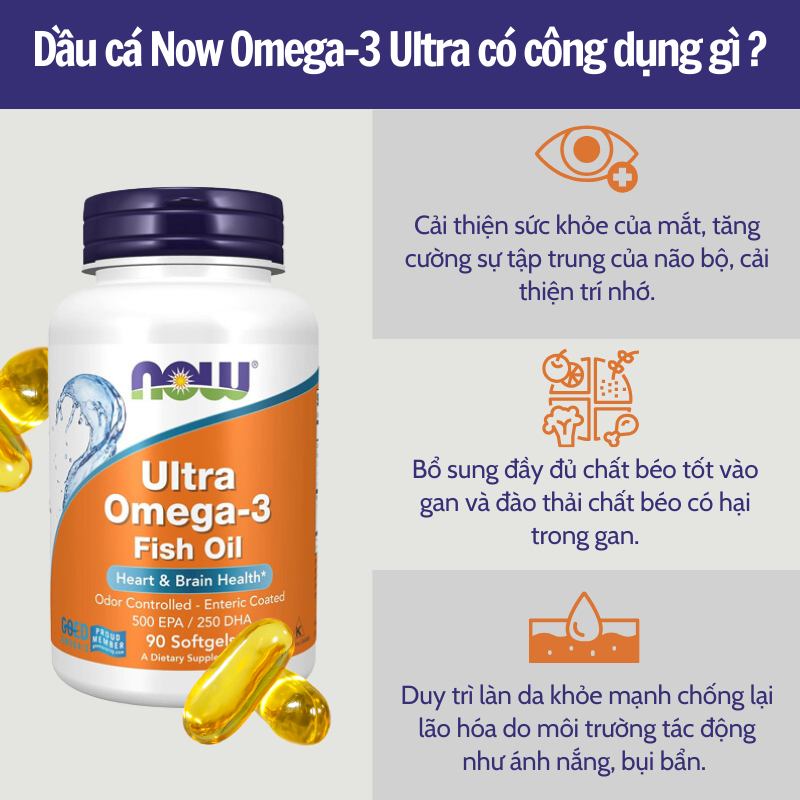 Viên uống dầu cá Now Ultra Omega-3 500 EPA/250 DHA 90 viên của Mỹ hỗ trợ sức khỏe tim mạch, thị lực, trí não và cơ bắp