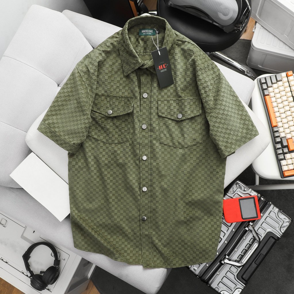 Áo sơ mi tay ngắn vải nhung caro bigsize nam < 140kg - sọc nhỏ