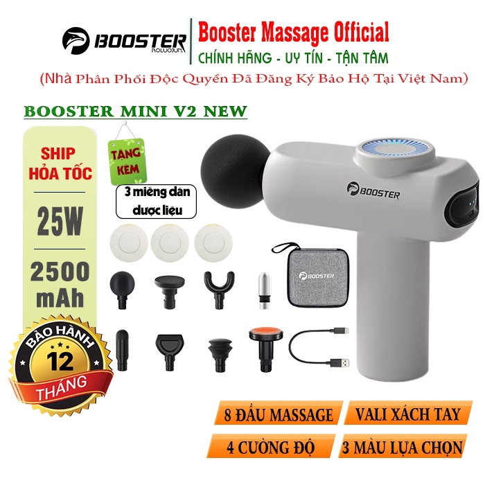 Súng Massage Cầm Tay Giãn Cơ Booster Boluojun MINI V2 New - 8 Đầu Matxa, Đầu Nhiệt Nóng, Tặng 3 Miếng Dán Dược Liệu
