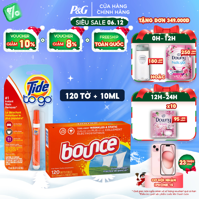 Bộ đôi Giấy thơm Bounce SHEETS Outdoor Fresh 120 Tờ và Bút tẩy vết bẩn Tide 10ml