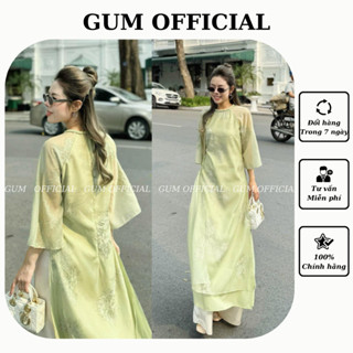  Áo dài cách tân Thi Thư  kèm quần  4 tà xanh cốm thêu hoa cổ kết GUM OFFICIAL  Áo Dài Tết Dáng Suông màu xanh bơ-AD005 