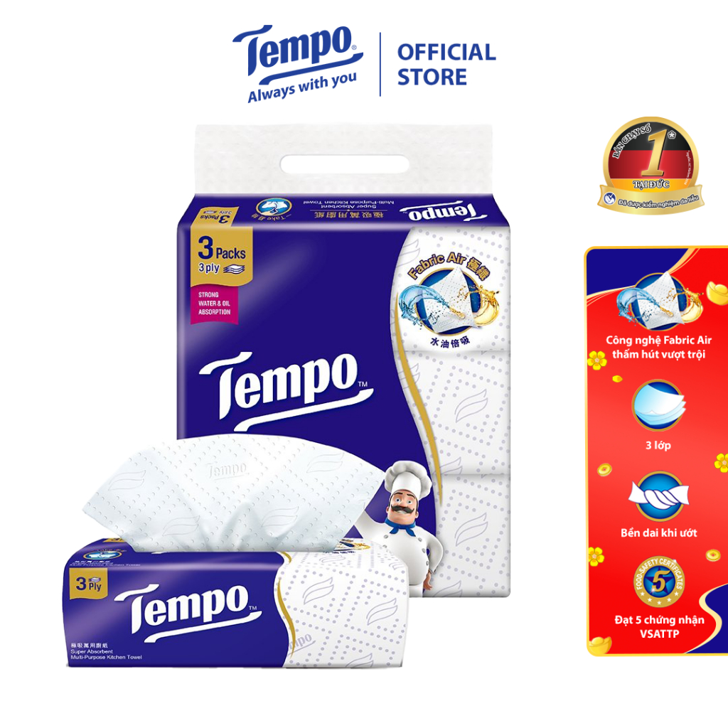 Khăn Giấy Bếp Đa Năng Siêu Thấm Tempo (3 Gói Rút/Lốc) Bền Dai - Thương Hiệu Đức - An Toàn Cho Da