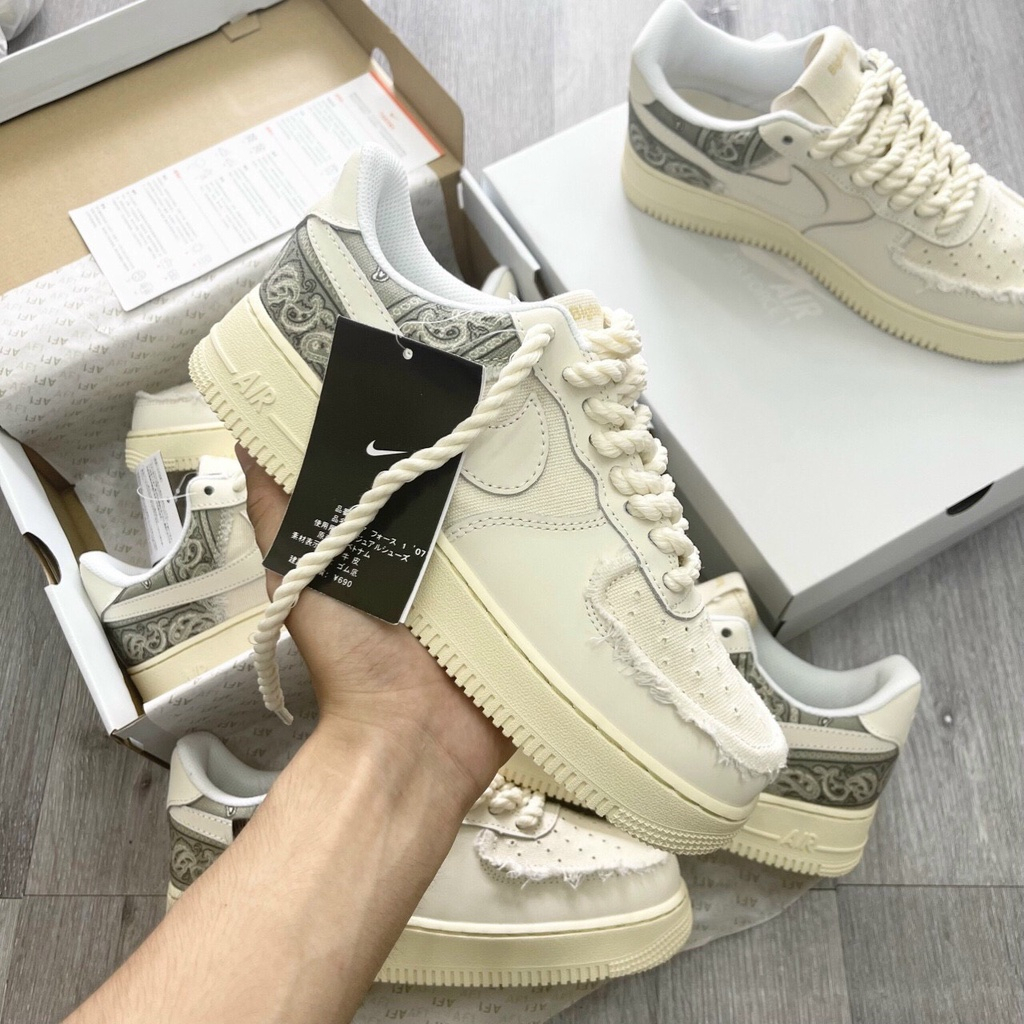Giày sneaker AF1 dây thừng họa tiết màu kem bản chuẩn, Giày thể thao force 1 thổ cẩm dây thừng dành cho nam nữ