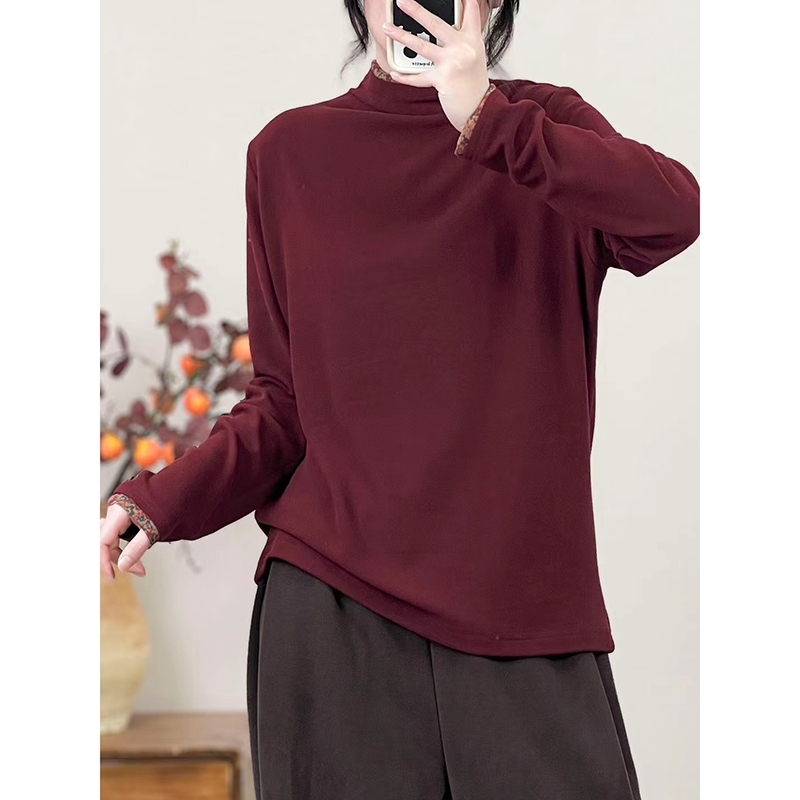 Áo T-shirt dài tay cổ đứng KAMAKA phối hoa lá đơn sắc - NU9551