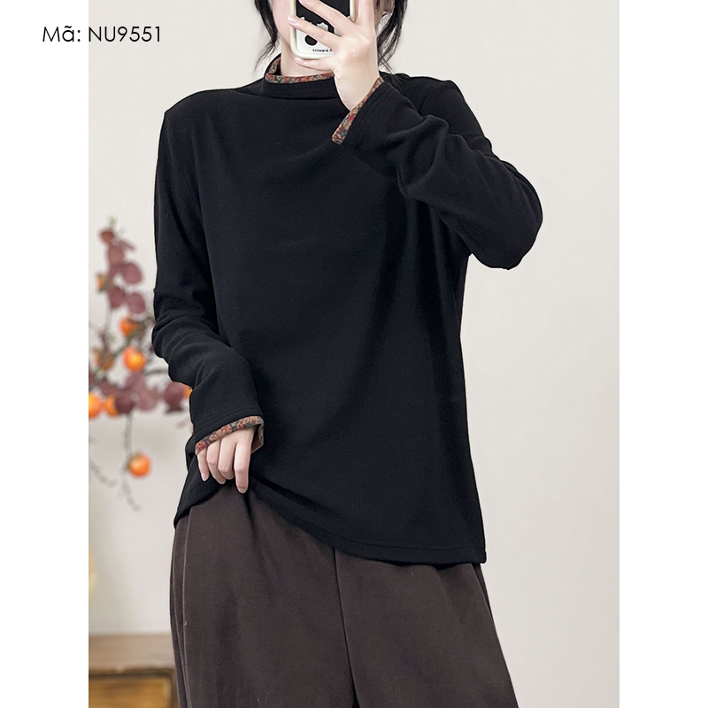 Áo T-shirt dài tay cổ đứng KAMAKA phối hoa lá đơn sắc - NU9551