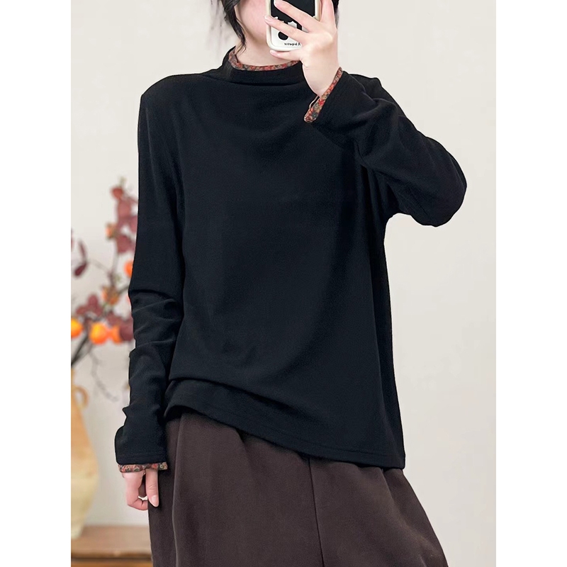 Áo T-shirt dài tay cổ đứng KAMAKA phối hoa lá đơn sắc - NU9551