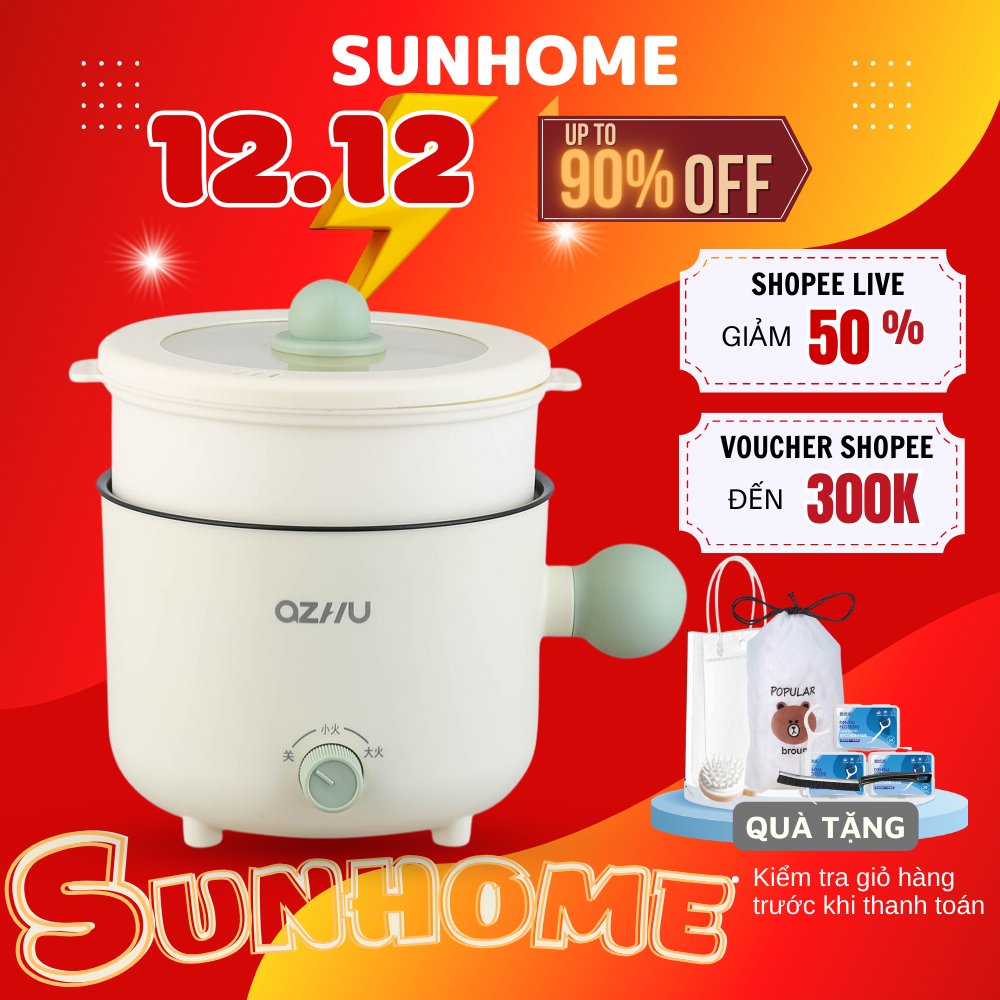 Nồi Lẩu Điện mini Đa Năng 2 Mức Nhiệt Kèm Giá Hấp Tay Tròn Tiện Dụng, Dung Tích 1,8L, Nồi Lẩu Hấp Mini 2 Tầng Cao Cấp
