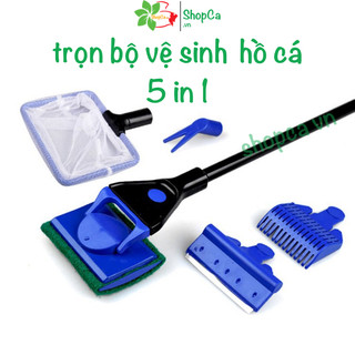 Trọn bộ dụng cụ vệ sinh hồ cá 5 trong 1 cho hồ thủy sinh, hồ cá vợt kẹp, cạo rêu, cào nền, lau kính
