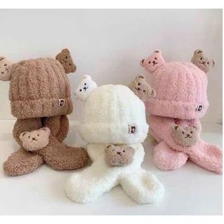 Mũ len lông cừu tai gấu kèm khăn cho bé