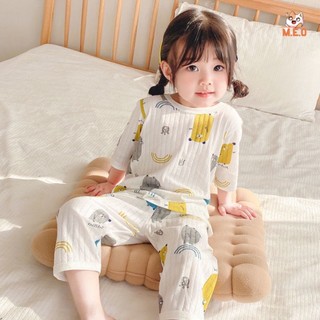 Quần áo trẻ em, Bộ đồ ngủ cho bé, Bộ quần áo tay lửng bé trai bé gái chất mỏng mát thích hợp ngủ điều hòa