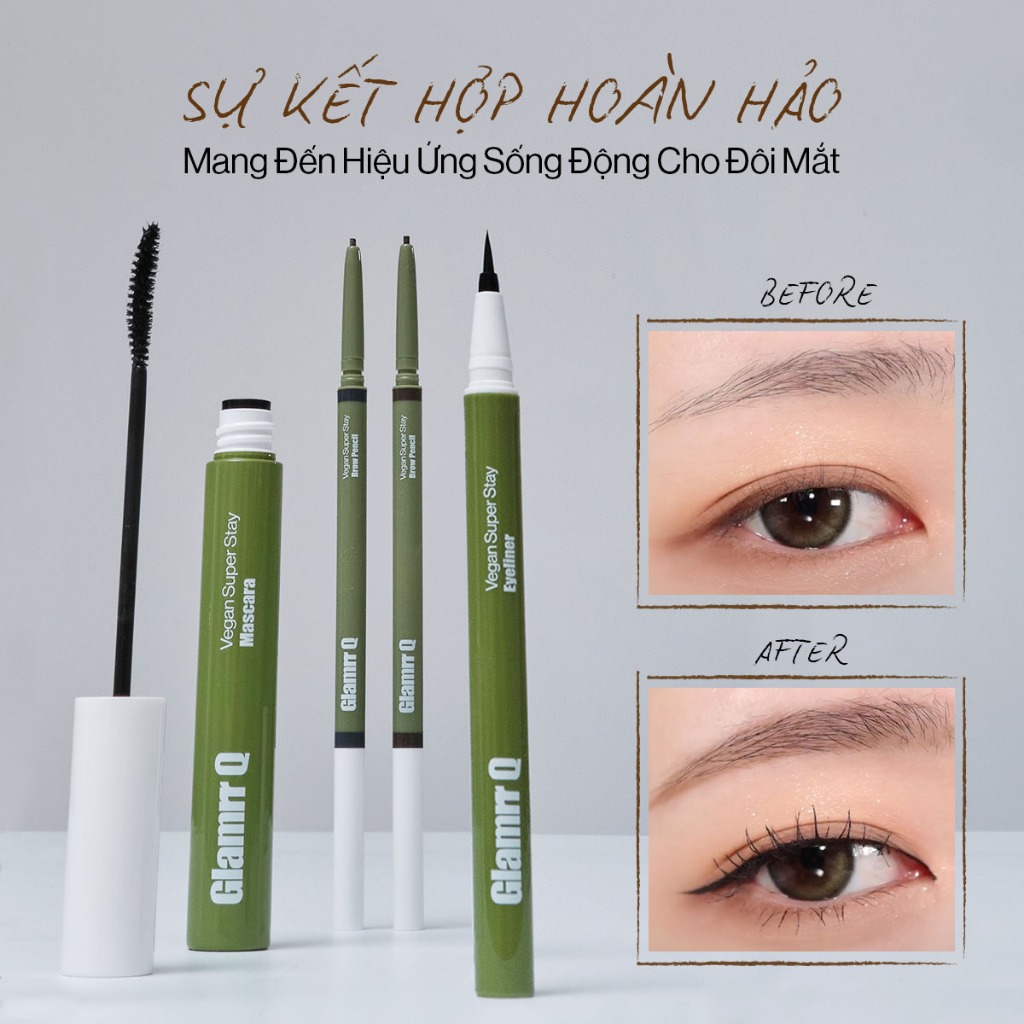 [NEW - TẶNG EYE REMOVER] Bộ 3 Trang Điểm Mắt Glamrr Q Chống Nước Thuần Chay (Mascara, Eyeliner, Eye Brow)