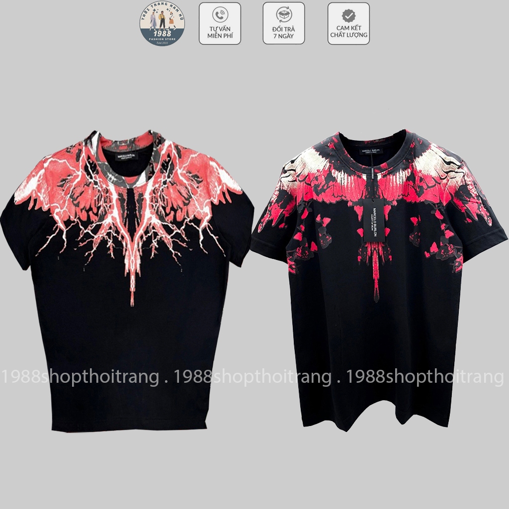 Áo phông nam nữ cổ tròn cotton Burlon in hoạ tiết đôi cánh nhánh hoa tim đỏ Sấm Sét cam tràn bo cổ #Hot #2023