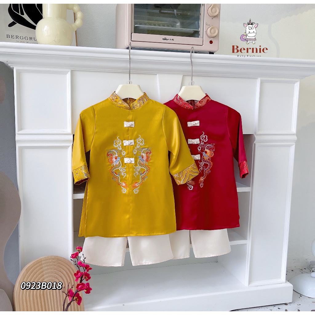 Bộ quần áo dài Tết bé trai Bernie chất lụa thêu rồng sang trọng - Áo dài cách tân cho bé - 0923B018