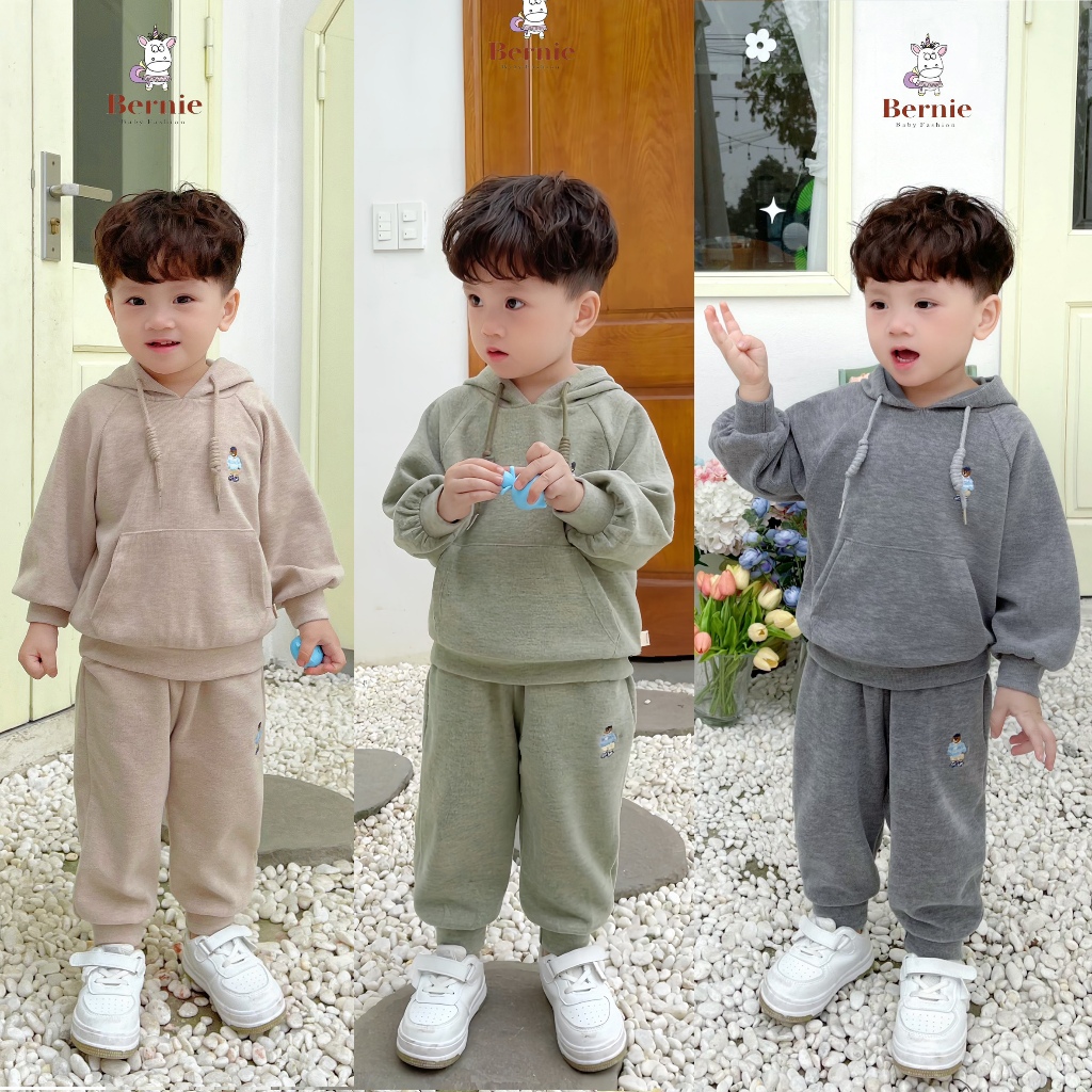 Hàng cao cấp Bộ nỉ nhung len thỏ bé trai bé gái ấm áp thêu gấu Bernie- Bộ thu đông cho bé áo hoodie từ 9-23kg- 1123B006