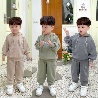 Hàng cao cấp Bộ nỉ nhung len thỏ bé trai bé gái ấm áp thêu gấu Bernie- Bộ thu đông cho bé áo hoodie từ 9-26kg- 1123B006