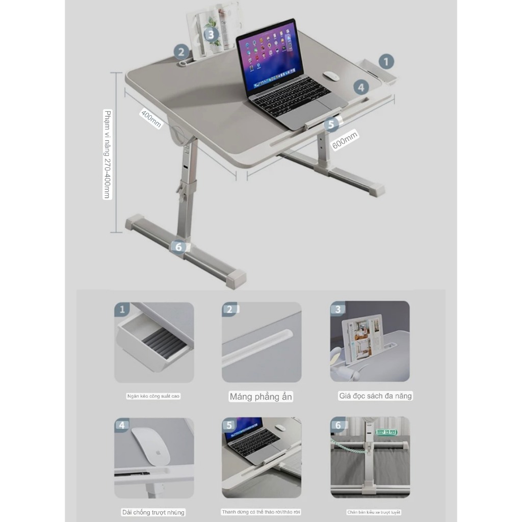 Bàn laptop có giá sách, ổ cắm usb, ngăn kéo, khay chống trượt, Bàn học sinh ngồi giường gập gọn nâng hạ thông minh | BigBuy360 - bigbuy360.vn
