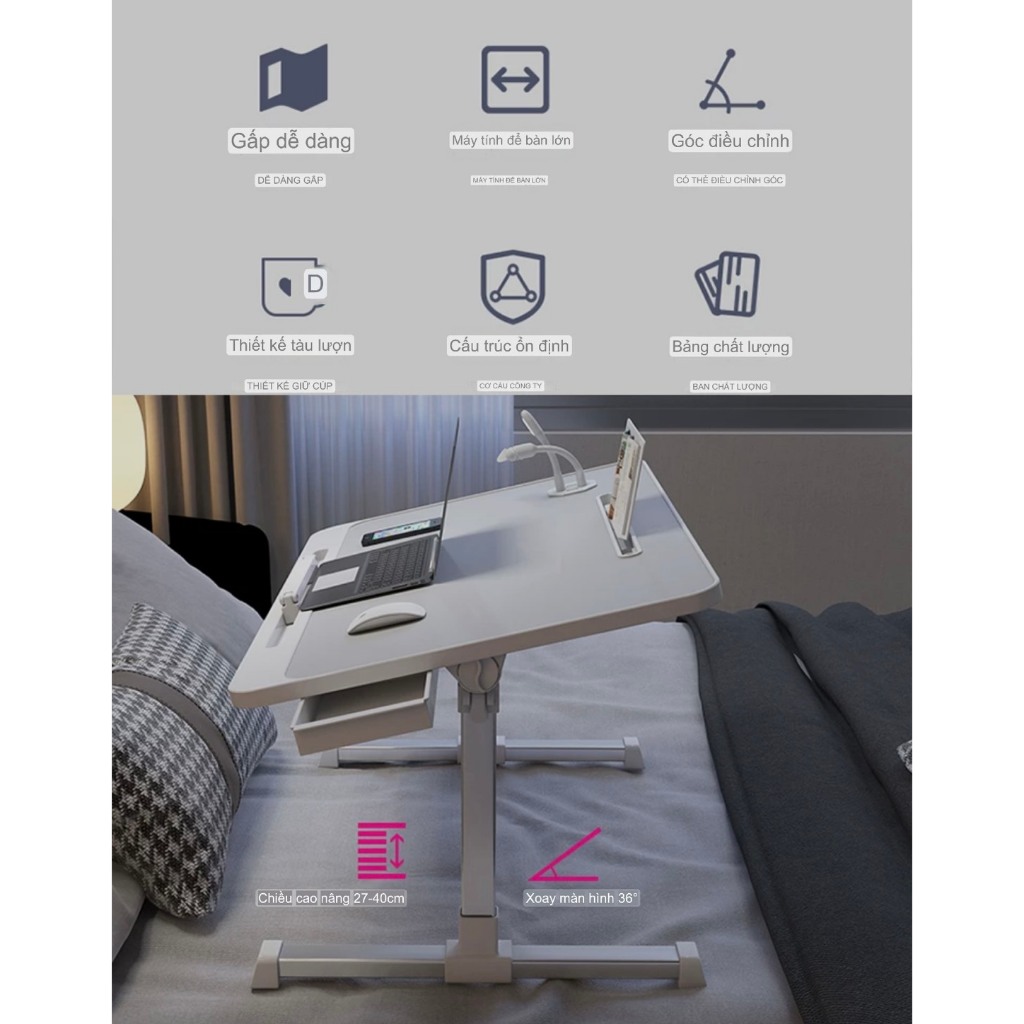 Bàn laptop có giá sách, ổ cắm usb, ngăn kéo, khay chống trượt, Bàn học sinh ngồi giường gập gọn nâng hạ thông minh | BigBuy360 - bigbuy360.vn
