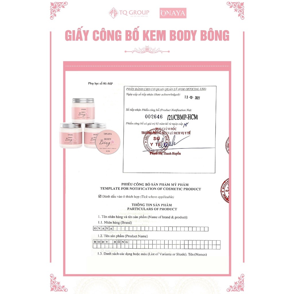 Kem Body Bông Onaya Dưỡng Trắng Da Toàn Thân Chính Hãng 250g