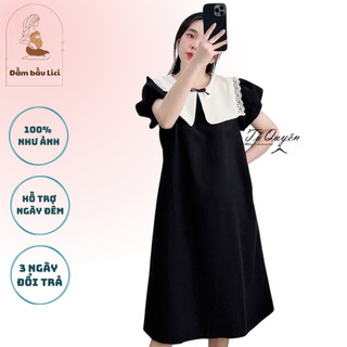 Đầm bầu công sở đen cổ bèo, váy bầu công sở dáng suông chữ A