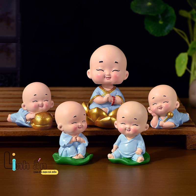 TƯỢNG CHÚ TIỂU MINI - Bộ Tượng 4 Chú Tiểu Ngồi Lá Sen Dễ Thương CAO CẤP , Chú Tiểu Trang Trí Ô Tô Để